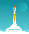Business startup concept. Vector illustration in trendy flat style of rocket launch with white smoke clouds and moon on blue background.