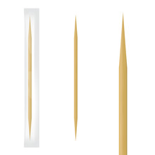 Realistic Wooden Toothpick In Transparent Individual Package. Vector Illustration.