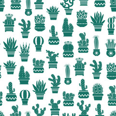 Poster - Vector monochrome pattern with cacti in plant pots