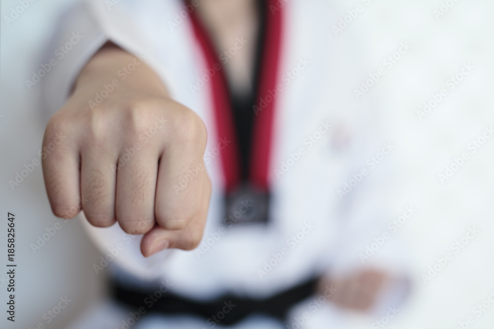 Fotografering The taekwondo girl with black belt