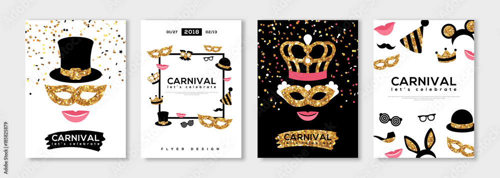 Carnival gold and black posters set - obrazy, fototapety, plakaty 