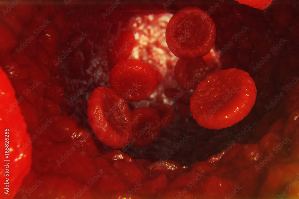 3D Illustration red blood cells in vein. Red blood cells flow in vessel ...