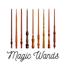 Set Of Wooden Magic Wands On White Background. Vector
