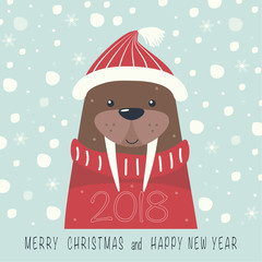 Wall Mural - The cover design. Depicts a walrus on a hat and red sweater. The phrase merry Christmas and a happy New year and number 2,0,1,8 on the blue background.