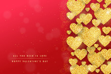 Happy Valentines Day Greeting Card With Gold Glittering Hearts Pattern On Red Background. Vector Banner, Flyer, Poster Template. 