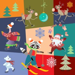  Seamless Christmas pattern with Santa Claus, new year decoration and cute cartoon animals on colorful patchwork background. Vector winter design.