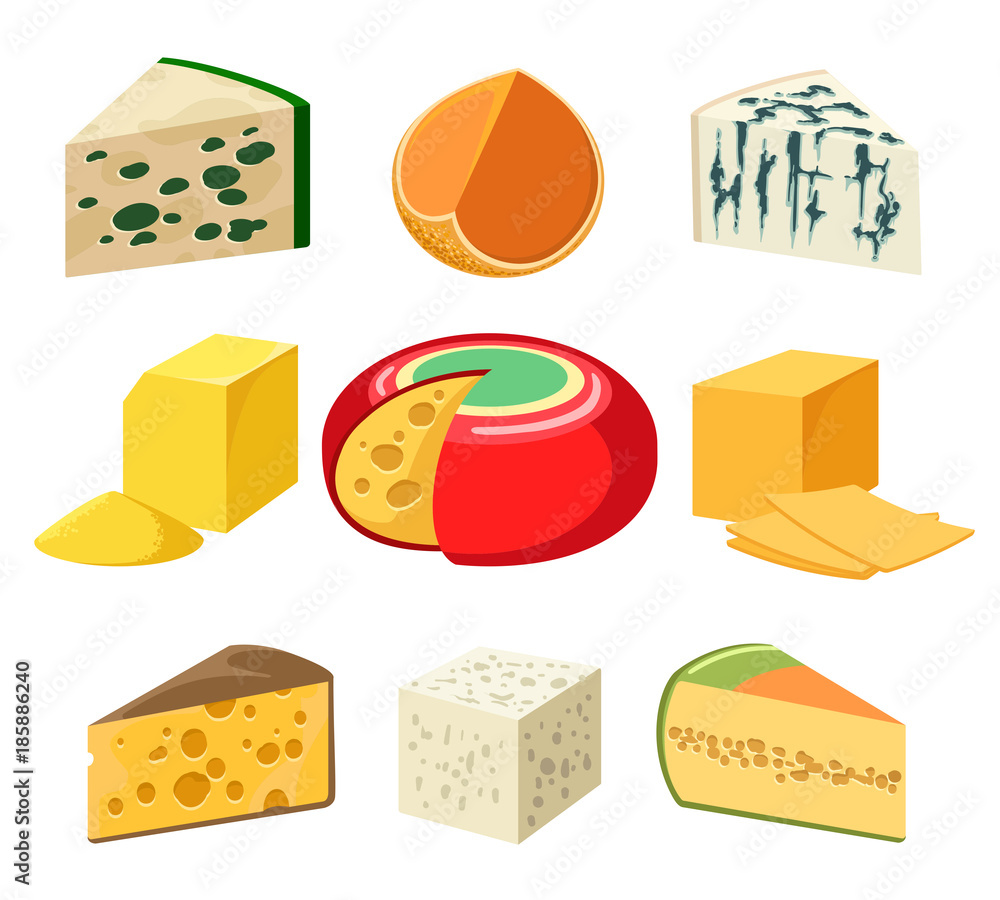 Cheese Types Vector Cheese. cheeses types and slices delicatessen groceries isolated on ...