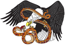 Eagle Fighting A Snake Serpent . Tattoo Style Vector Illustration 