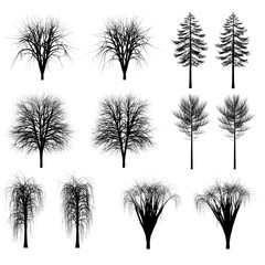 Set of silhouettes of trees, bushes