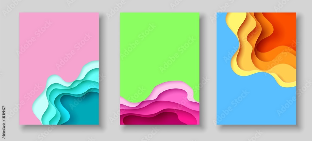 Cover or flyer template with abstract paper cut blue green pink yellow background. Vector template in carving art style - obrazy, fototapety, plakaty 