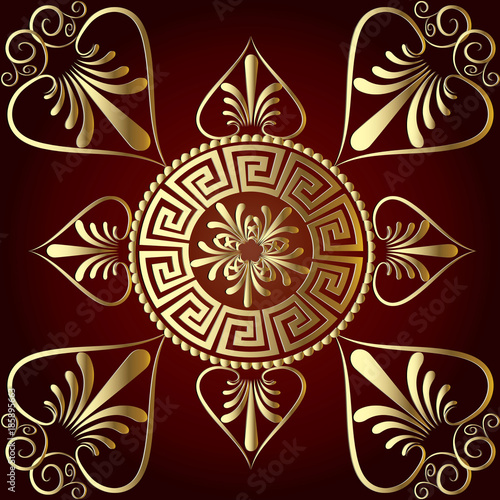 Vector Mandala Ancient Greek Key Meander Circle Pattern Dark Red Floral Background With Grecian Vintage Hand Drawn Gold 3d Flowers Line Art Tracery Ornaments Modern Surface Golden Mandala Pattern Stock Vektorgrafik Adobe