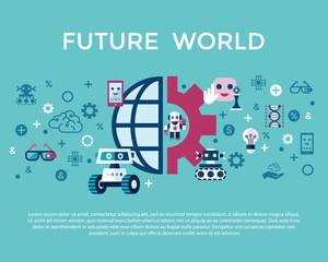 Wall Mural - Digital vector artificial intelligence and electronic technologies simple flat icon set. Internet of things concept with chip, cars and mobile brain. Ideas, glasses with camera, games and robots.