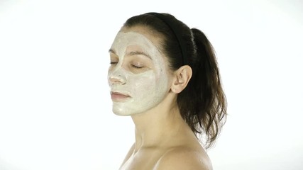 Sticker - Facial clay mask, european women on white background.