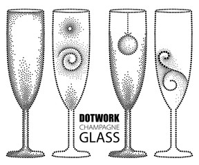 Vector set with dotted champagne glass or flute in black isolated on white background. Drawing of transparent champagne glass for wine, winery and restaurant design in dotwork style.