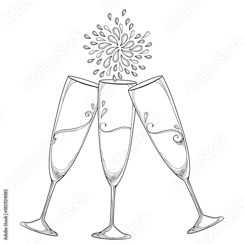 Download Vector illustration with three outline toasting champagne glasses or flute in black isolated on ...