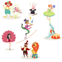 Characters In Circus Performers And Animals In Different Actions. Carnival Show. Set Of Decorative Elements For Poster, Ticket, Flyer Or Invitation. Flat Vector Design