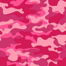 Camouflage Seamless Pattern Background. Classic Clothing Style Masking Camo Repeat Print. Pink Orchid Rose Ruby Colors Forest Texture. Design Element. Vector Illustration.