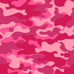 Wall Mural - Camouflage seamless pattern background. Classic clothing style masking camo repeat print. Pink orchid rose ruby colors forest texture. Design element. Vector illustration.