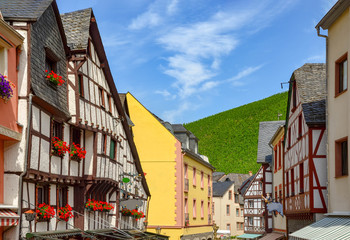 Moselle Valley Germany: View to market square and timbered houses in the old town of Bernkastel-Kues, Germany Europe