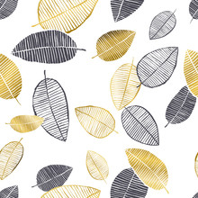 Vector Seamless Pattern With Hand Drawn Golden, Black, White Watercolor And Ink Leaves. Trendy Scandinavian Design