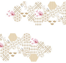 Japanese Pattern Seamless Vector. Gold And Pink Geometric Background. Nature Icons Texture For Wrapping Paper, Card, Poster, Cover Page Design, Template.