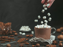 Marshmallows Falls From Hand In Glass Mug With Hot Chocolate Cocoa Drink. Copy Space. Winter Food And Drink Concept. Flying Marshmallow. Dark Background. Low Key.