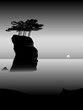minimal landscape, trees on cliff in the sea, vector illustration