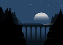 Train Passing Ravine On Bridge At Night, Vector Illustration Landscape