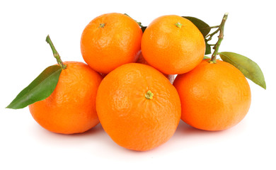 mandarin with green leaf isolated on white background