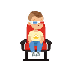 Sticker - Funny cute little boy in 3d glasses sitting on a red chair and watching 3D movie in the cinema vector Illustration