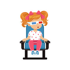 Sticker - Sweet little girl in 3d glasses sitting on a blue chair and watching 3D movie in the cinema vector Illustration