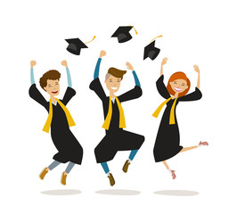 Wall Mural - Happy graduates or students throw hats. Education, college, school, graduation concept. Cartoon vector illustration