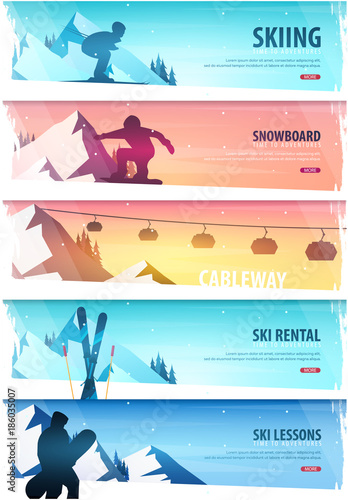 Dekoracja na wymiar  sporty-zimowe-kolejka-linowa-karnet-narciarski-zestaw-poziomy-baner-narciarski-ilustracja-wektorowa