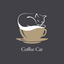 A Silhouette Of Cat Sleeping On Coffee Foam. Vector Image