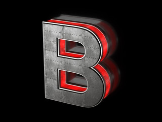 Futuristic letter B - black metallic extruded letter with red light outline glowing in the dark