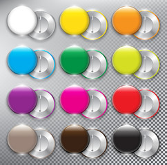 Wall Mural - Set of 12 color button vector badges. Glossy button badges. Both sides - face and back with realistic shine and shadow on light background. Vector illustration. Eps10.