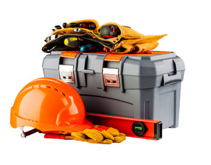 Tool box with toolbelt, orange helmet and yellow gloves isolated on white background