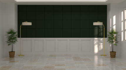 emptry living room green wall white lamp 3d rendering Vintage empty wall modern mid Century room interior marble floor