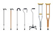 Set of walking sticks and crutches. Telescopic aluminum cane, elegant wooden walking cane, ergonomic canes with curved handle, cane - quadpod, metallic and wooden crutches. Medical assistance and