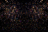 Fototapeta  -  Party time celebration with confetti and streamers in the air as a festive design element for an anniversary or birthday fun with a bunch of paper of different colors exploding in happy emotion