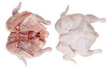 Raw Dead Chicken Is Cut In Half And Pressed Down For Marinating In Spices