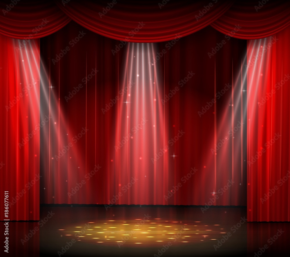 Empty stage with red curtain and spotlight on wooden floor - obrazy, fototapety, plakaty 