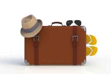 Suitcase of a traveler with  straw hat and sunglasses isolated on white background, 3D rendering