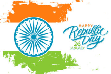 India Happy Republic Day, january 26 celebrate banner with hand drawn lettering holiday greetings and brush stroke in Indian national flag colors. Vector Illustration.