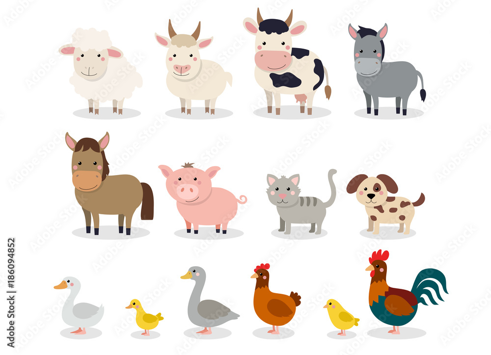 Farm animals set in flat style isolated on white background. Vector illustration. Cute cartoon animals collection: sheep, goat, cow, donkey, horse, pig, cat, dog, duck, goose, chicken, hen, rooster - obrazy, fototapety, plakaty 