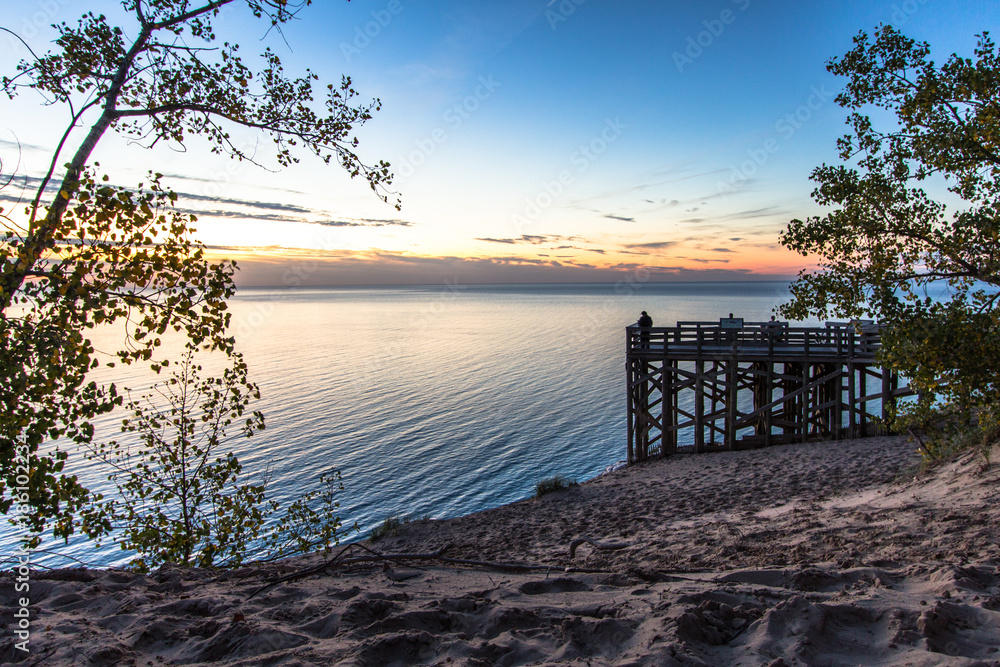 Sleeping Bear Dunes National Lakeshore, Large wooden overlook at sunset ...