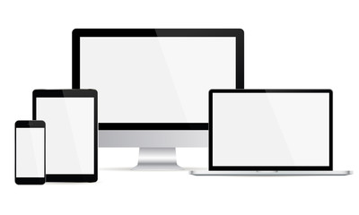 Set of devices with blank screens: computer monitor, laptop, smartphone, tablet. Mockups to showcase website design project in modern style. Vector illustration