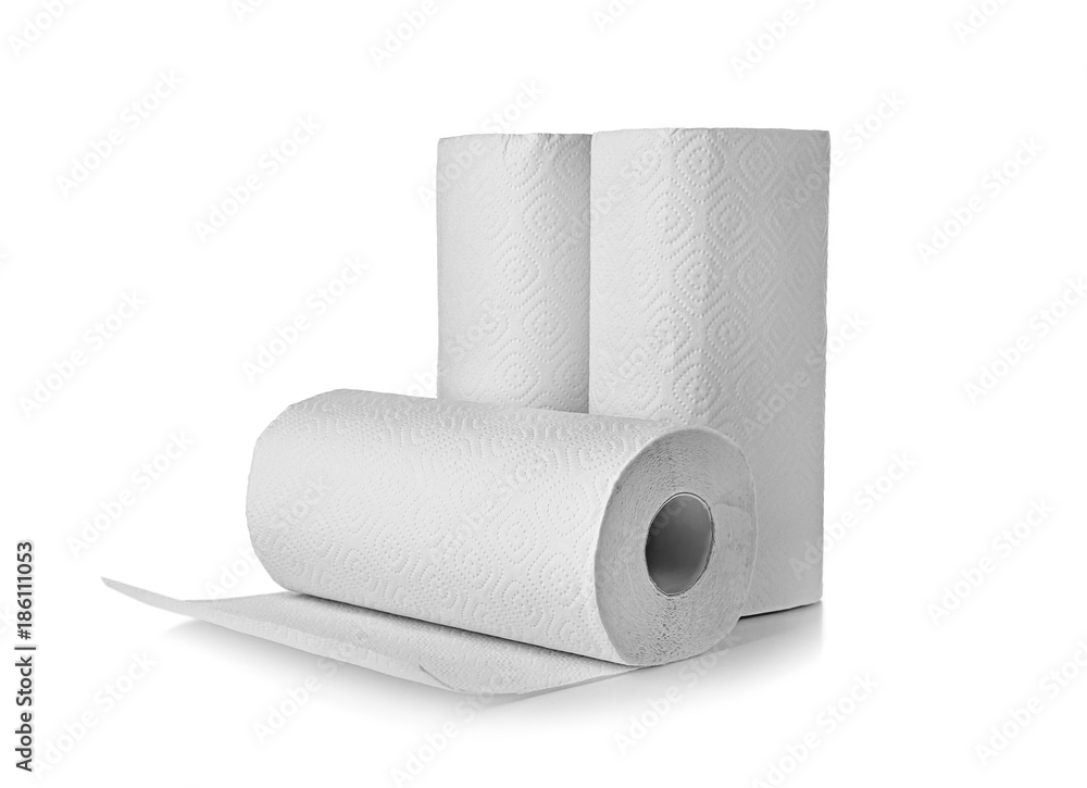 Rolls of paper towels on white background