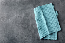 Clean Kitchen Towel On Grey Background, Top View