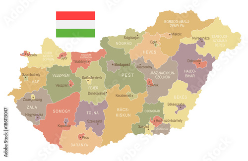 Cuadros en Lienzo Hungary - vintage map and flag - Detailed Vector Illustration